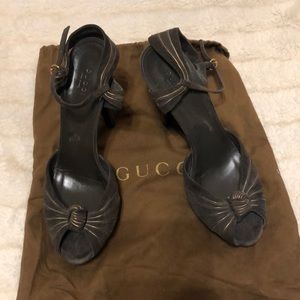 Authentic Grey suede with gold lines knotted peep toe heel